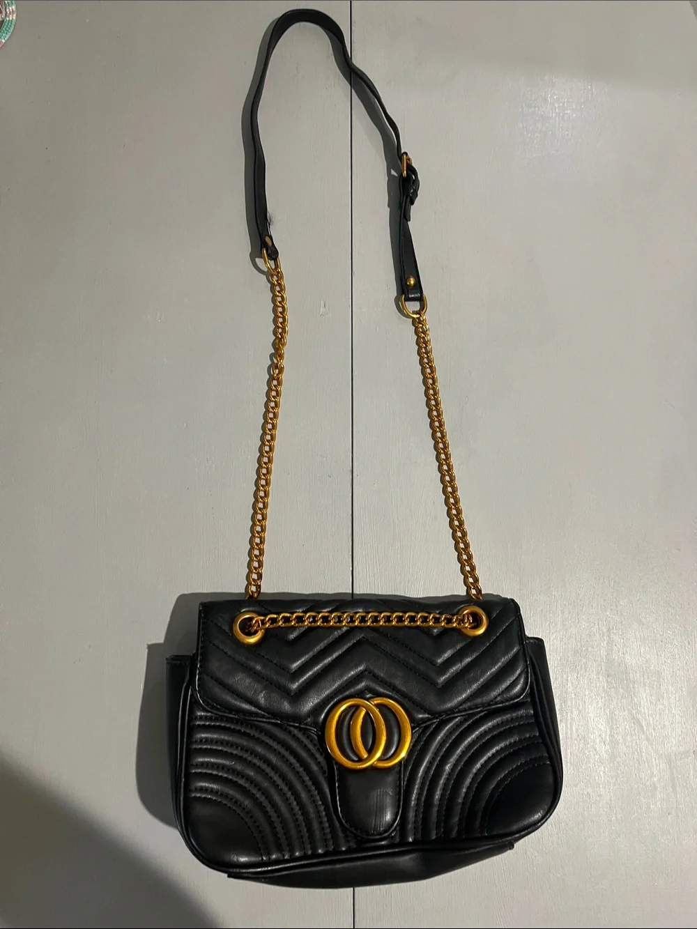 Black Quilted Chain Shoulder Bag with Gold Hardware